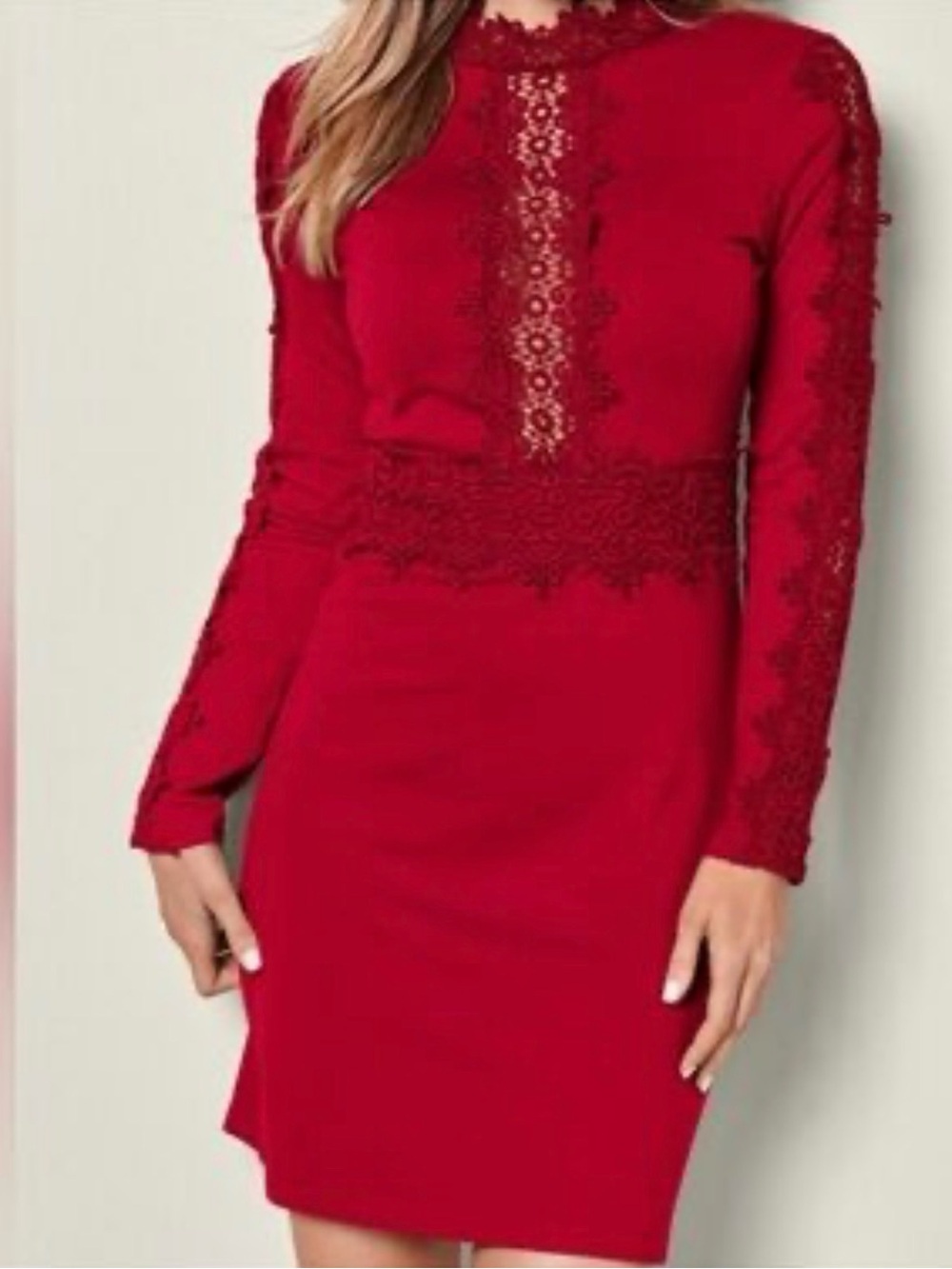 VENUS Red Lace Detail Long Sleeve Dress